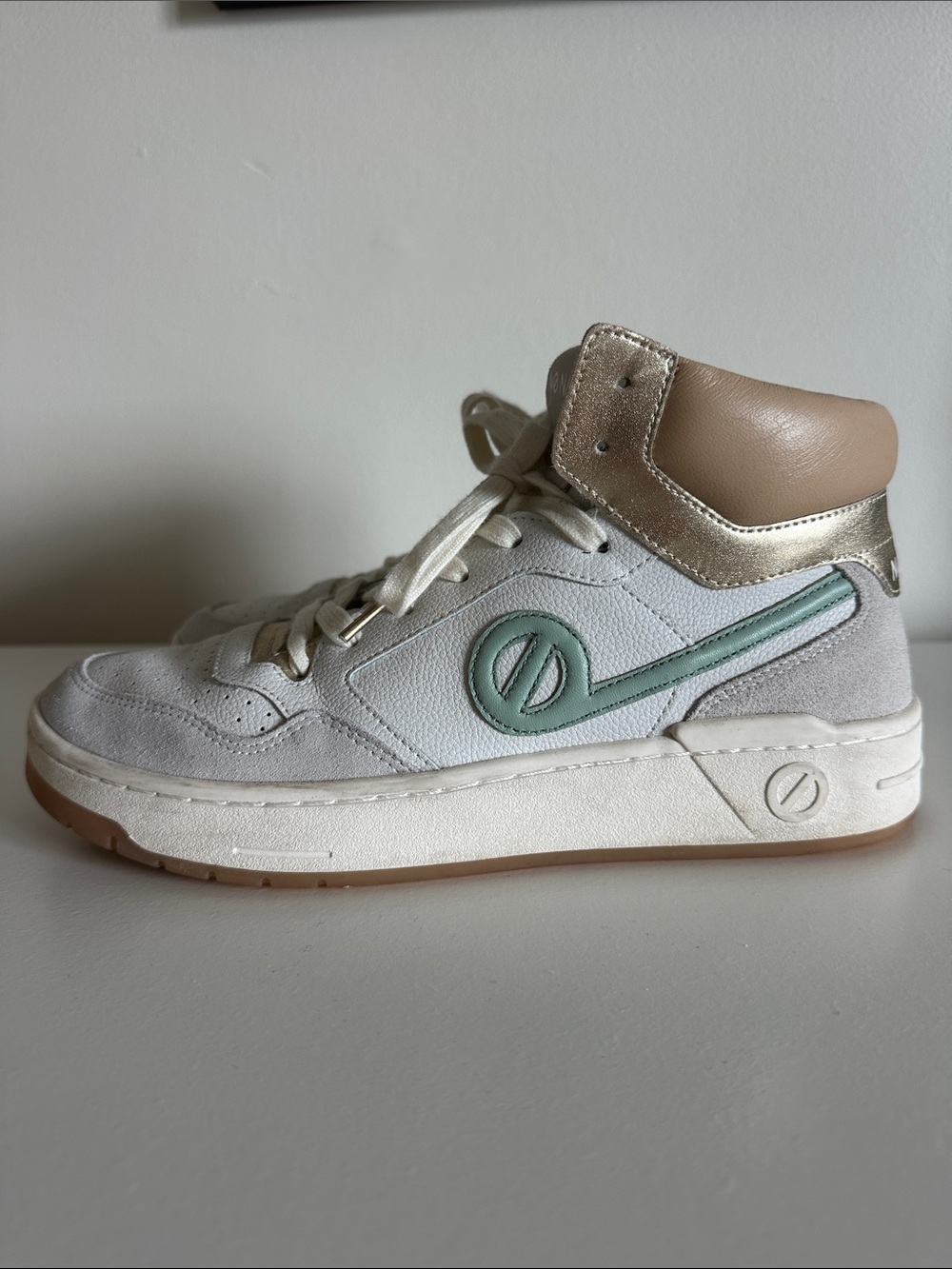 Neutral High-Top Sneakers with Mint Accent and Gold Trim